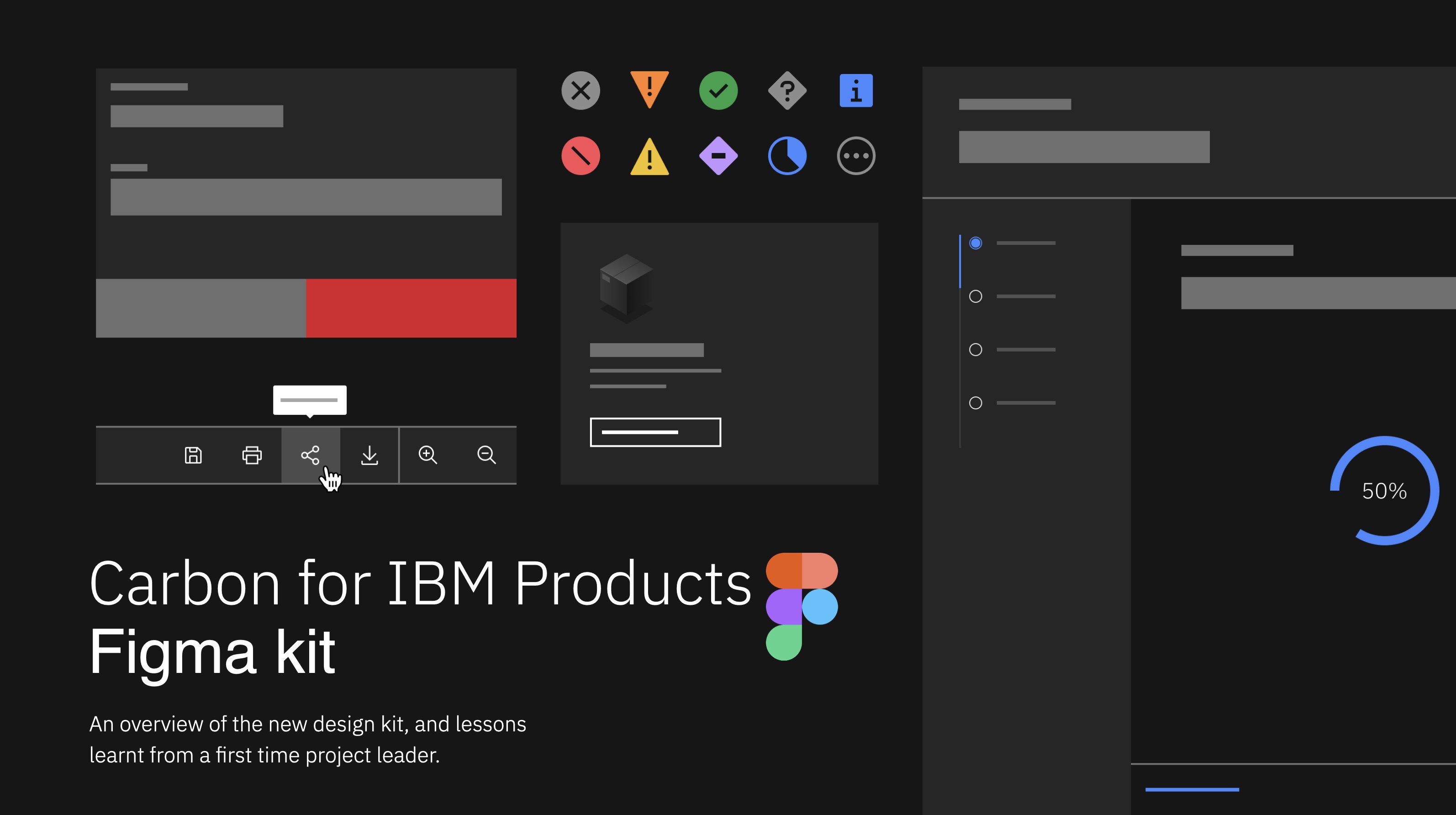 Title slide for a design share talk: Carbon for IBM Products Figma kit — an overview of the new design kit and lessons learnt from a first-time project leader.